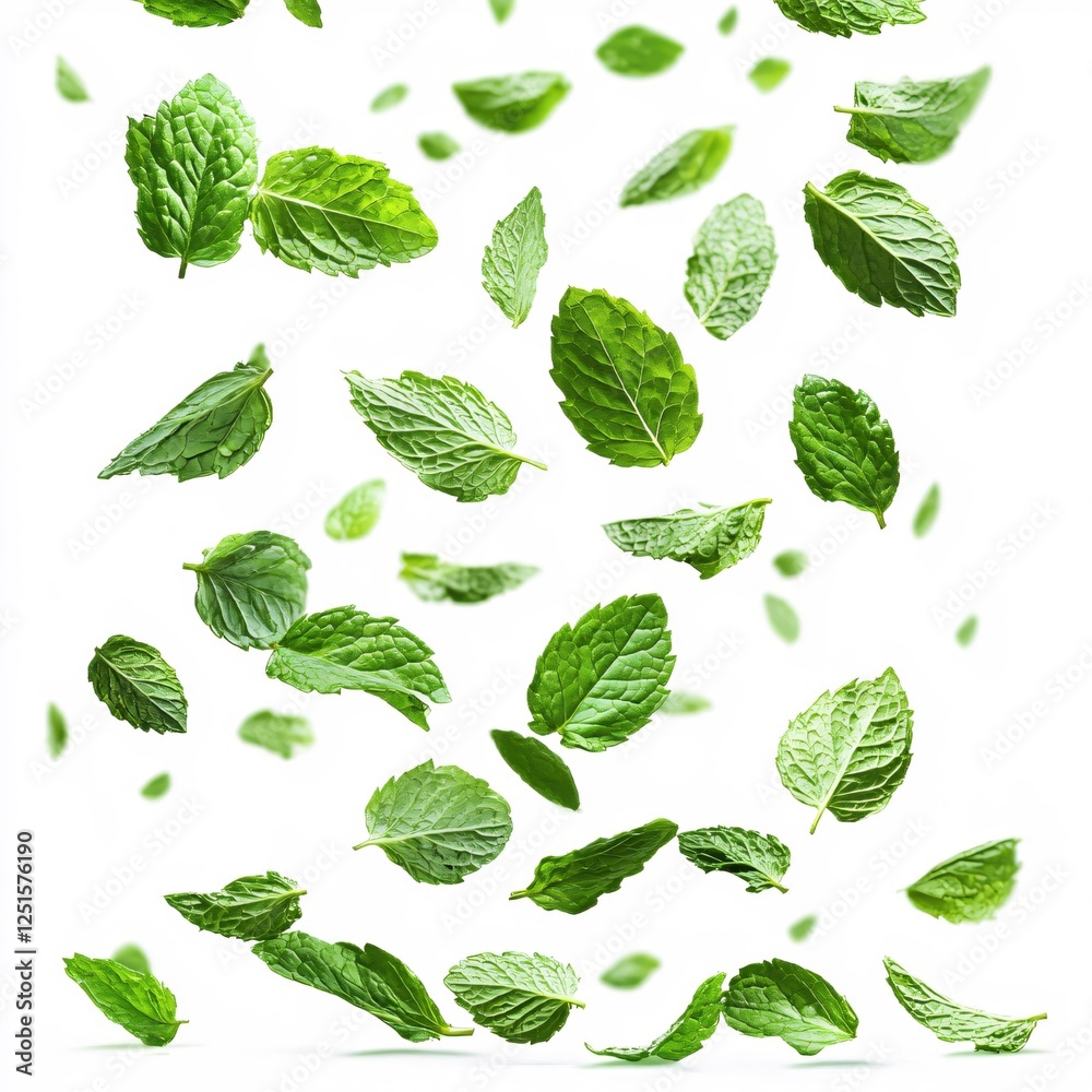 Fresh Mint Leaves Falling in a Clean White Studio Background Creating a Refreshing Feeling Fresh Mint Leaves Falling in a Clean White Studio Background Creating a Refreshing Feeling
