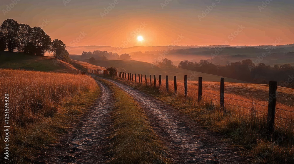 Fototapeta premium Sunset Country Road, Misty Hills, Autumn