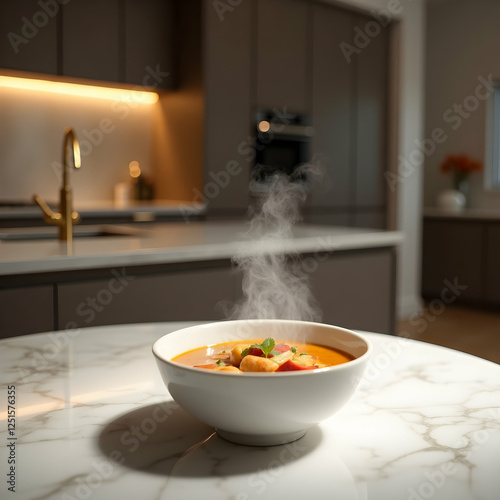 A luxurious kitchen featuring a round white ceramic bowl filled with chicken soup placed on a pristine white table. Generative Ai