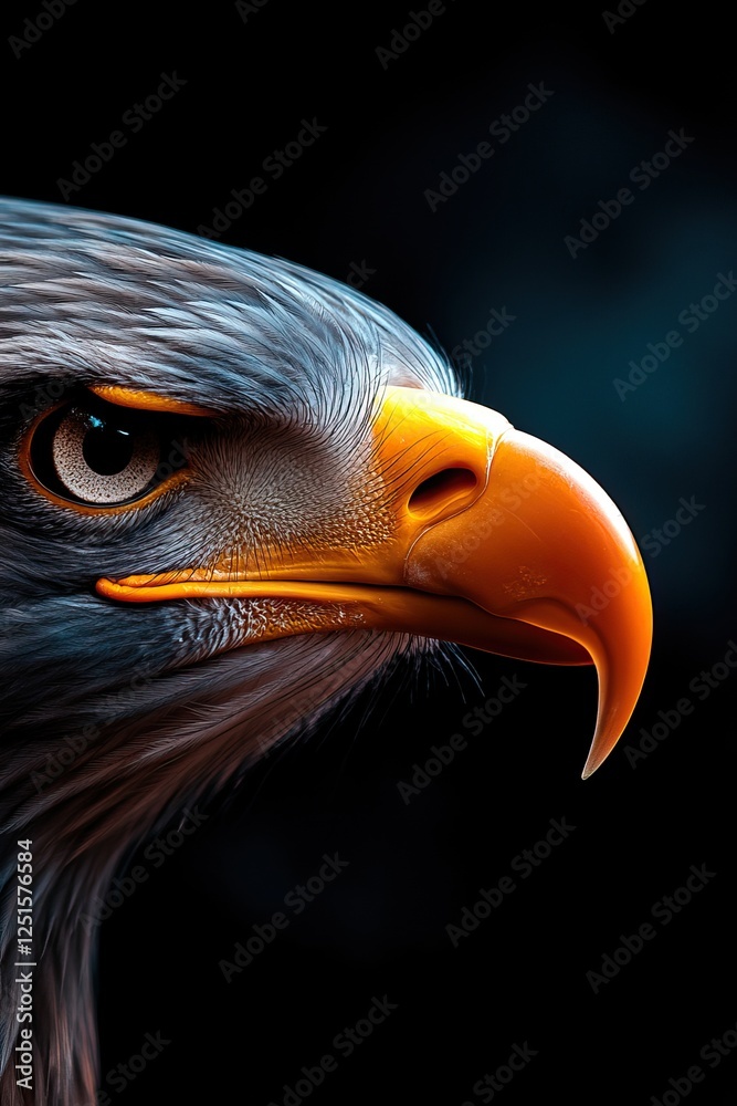 Fototapeta premium A close-up of a majestic eagle, showcasing its sharp beak and intense gaze against a dark background, highlighting its powerful features and regal presence.
