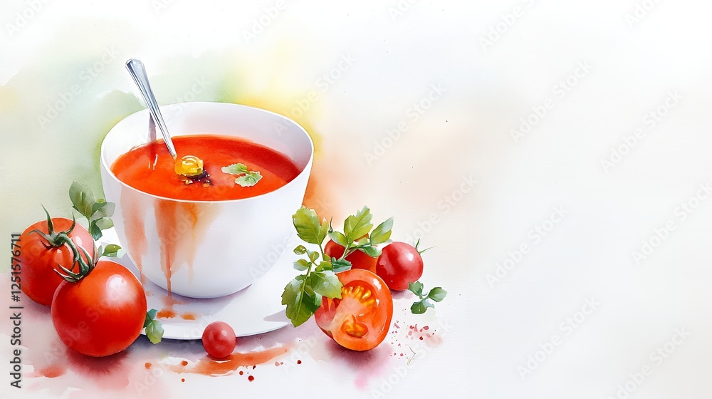 Watercolor Painting Of Tomato Soup In White Cup Watercolor Painting Of Tomato Soup In White Cup