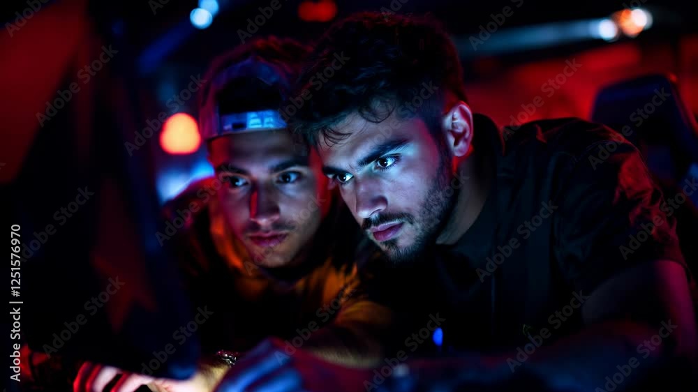 Two Young Men Working Intensely on Computer in Dark Room with Red and Blue Lighting Two Young Men Working Intensely on Computer in Dark Room with Red and Blue Lighting