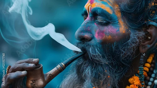 Hindu man with colorful face paint smoking traditional pipe during Holi festival celebration. Sacred ritual, spiritual practice. Maha Shivaratri holiday observance and meditation