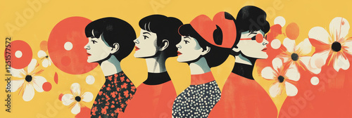 Flat 60's style illustration about women's right to vote, with a group of different women together, with geometric elements in a minimalist style