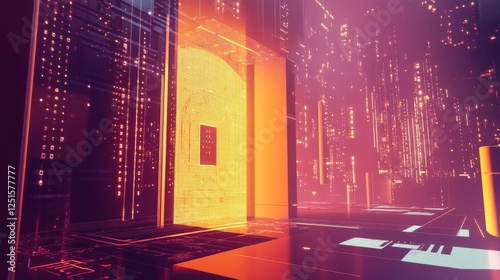 A 3D illustration of a digital lock with complex encryption, surrounded by virtual keypads and data flows. photo