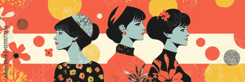 Flat 60's style illustration about women's right to vote, with a group of different women together, with geometric elements in a minimalist style