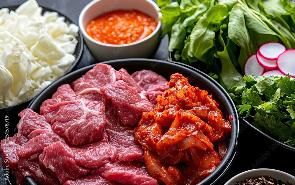 A vibrant array of fresh ingredients, featuring marinated beef, vegetables, and sauces, perfect for a delicious meal preparation. A vibrant array of fresh ingredients, featuring marinated beef, vegetables, and sauces, perfect for a delicious meal preparation.