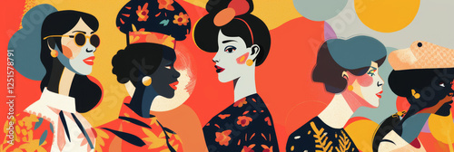 Flat 60's style illustration about women's right to vote, with a group of different women together, with geometric elements in a minimalist style