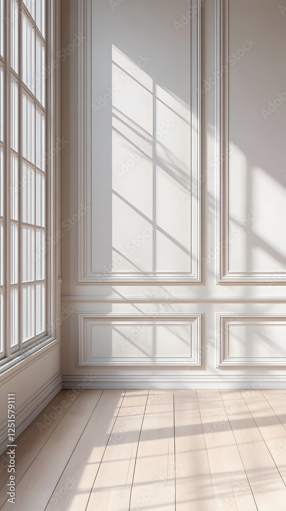Fototapeta premium Interior design with natural light streaming through window onto classic wall paneling