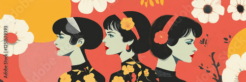 Flat 60's style illustration about women's right to vote, with a group of different women together, with geometric elements in a minimalist style