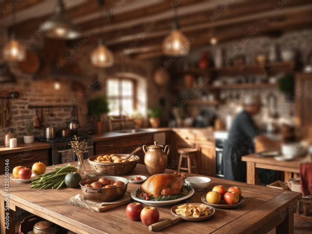 Rustic authentic cozy kitchen in warm, soft lighting. Old vintage village style. Interior home. Large solid wood table, festive dishes, a roast turkey, baked apples, and freshly cooked vegetables. Rustic authentic cozy kitchen in warm, soft lighting. Old vintage village style. Interior home. Large solid wood table, festive dishes, a roast turkey, baked apples, and freshly cooked vegetables.