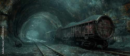 In a cramped mine tunnel a train with open cars is_012