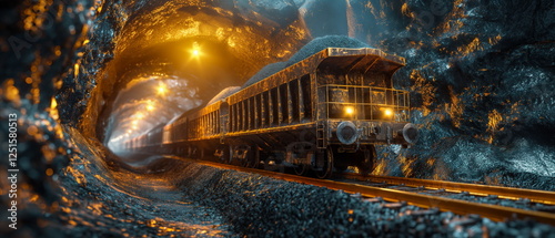 In a cramped mine tunnel a train with open cars is_009