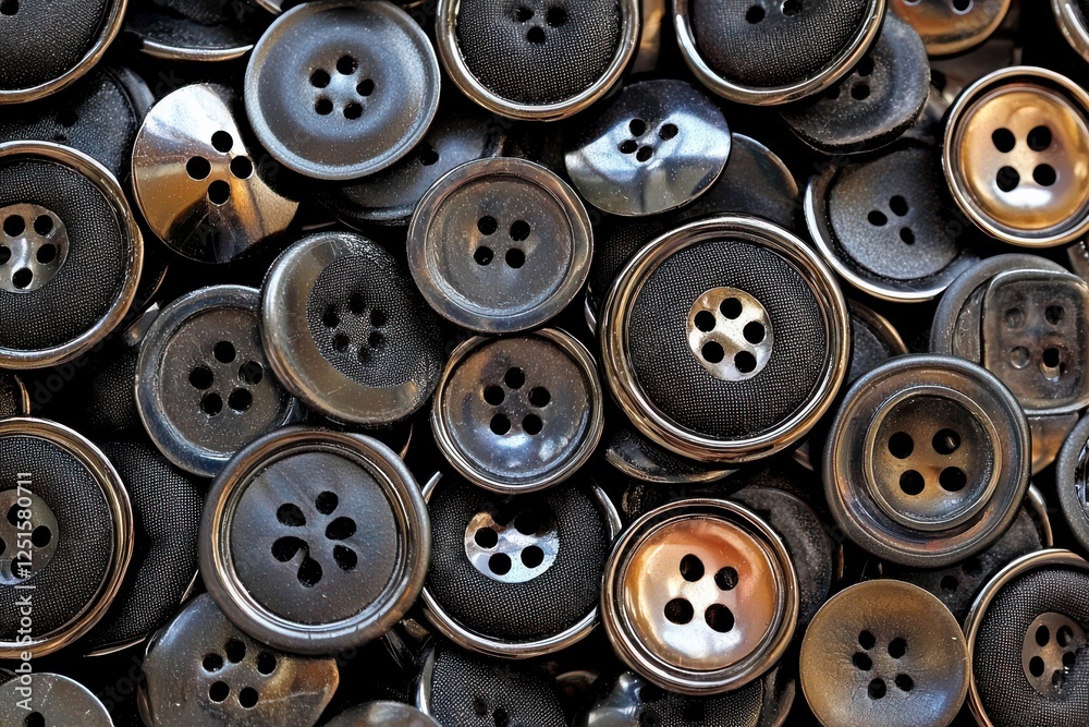 Close-up View of Assorted Black Sewing Buttons with Shiny and Matte Finishes for Creative Projects Close-up View of Assorted Black Sewing Buttons with Shiny and Matte Finishes for Creative Projects