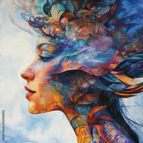 Abstract portrait of a woman with vibrant colors and intricate patterns.