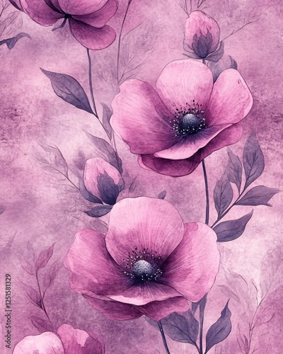 Floral watercolor pattern with pink poppy flowers and leaves in a seamless design style
