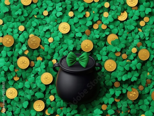 A repeating design of pots of gold, green bow ties, and sparkling clovers, giving the room a festive yet playful feel photo