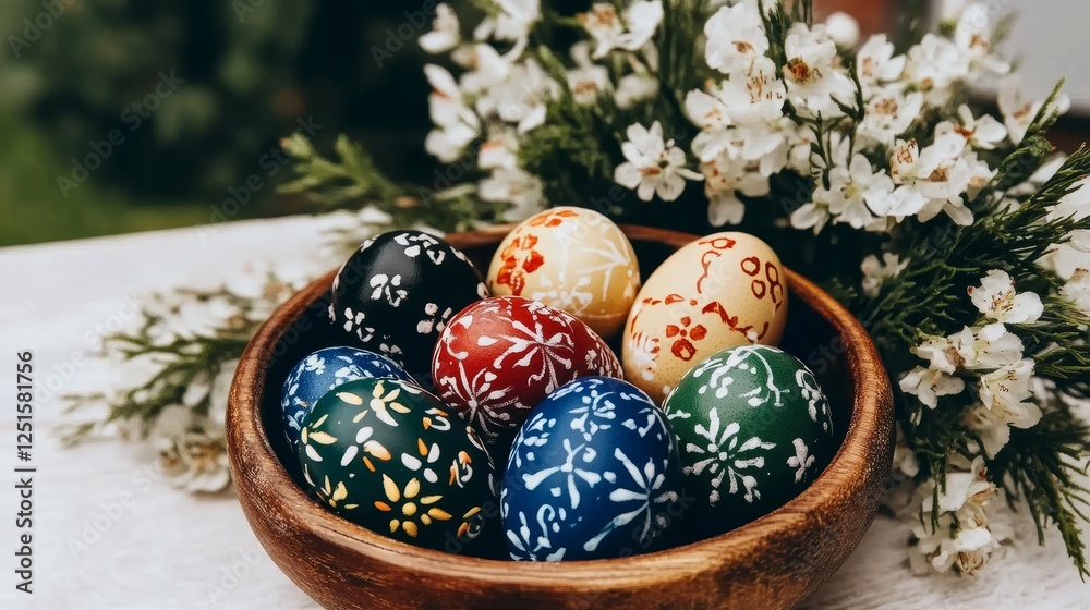 Fototapeta premium Colorful Decorated Eggs in Wooden Bowl White Flowers on White Table Decorative Design Closeup.