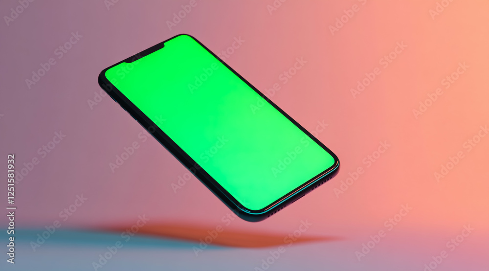 A levitating smartphone with a green screen mockup on a light background, a flying phone with a blank display for your design A levitating smartphone with a green screen mockup on a light background, a flying phone with a blank display for your design