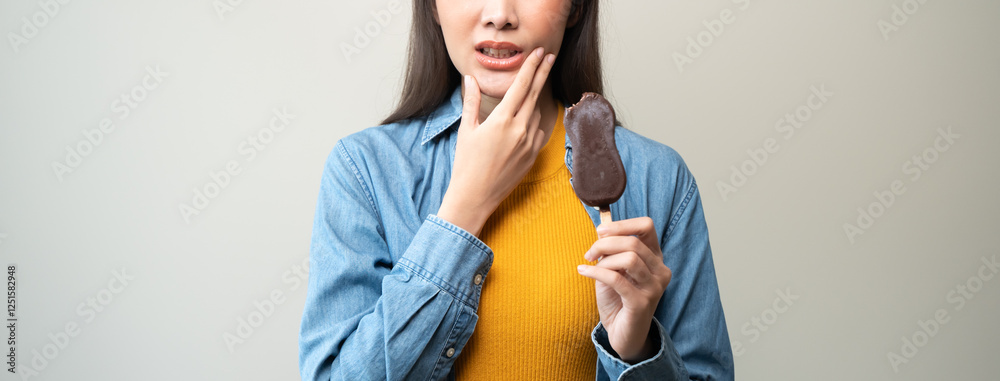 Face expression suffering from sensitive teeth, Asian young woman touching cheek Face expression suffering from sensitive teeth, Asian young woman touching cheek