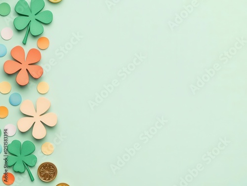 A playful wallpaper with cartoonstyle shamrocks, bouncing golden coins, and rainbowcolored polka dots on a light green background, perfect for kids photo