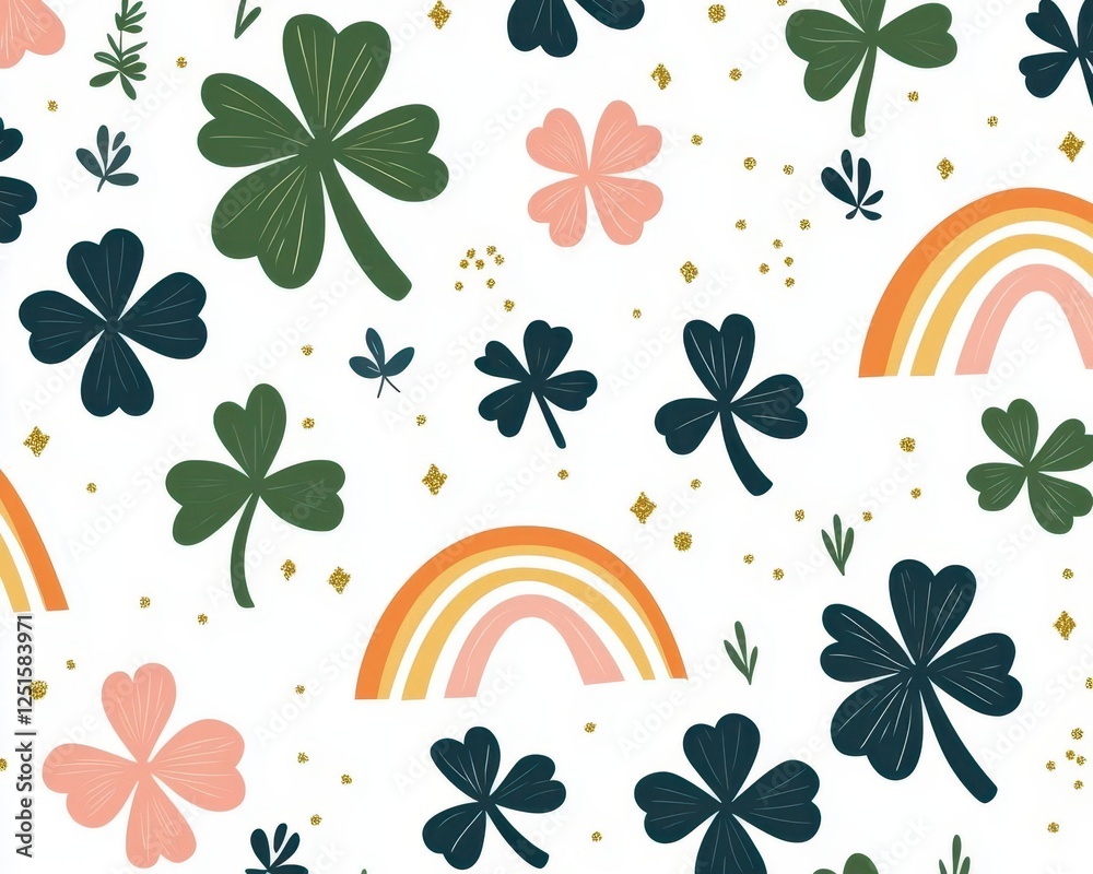 Obraz premium A minimalist wallpaper featuring small, repeating clovers and rainbows with tiny gold sparkles on a clean white background, modern and cheerful