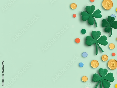 A playful wallpaper with cartoonstyle shamrocks, bouncing golden coins, and rainbowcolored polka dots on a light green background, perfect for kids photo