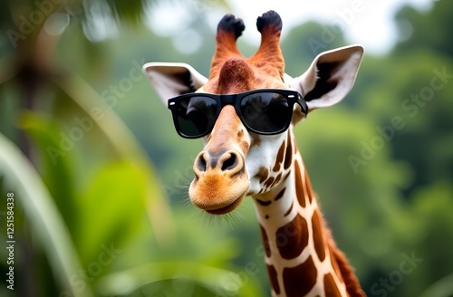 Portrait of a giraffe with sunglasses.
