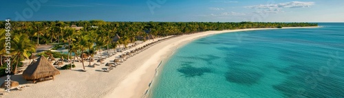 A serene beach scene featuring soft white sand, turquoise waters, and lush palm trees under a clear blue sky.