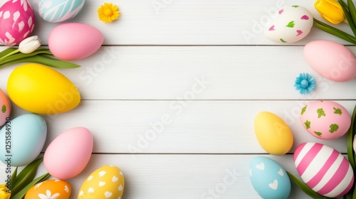 Colorful Easter Eggs and Flowers Arrangement on a White Wooden Surface for Spring Decoration.