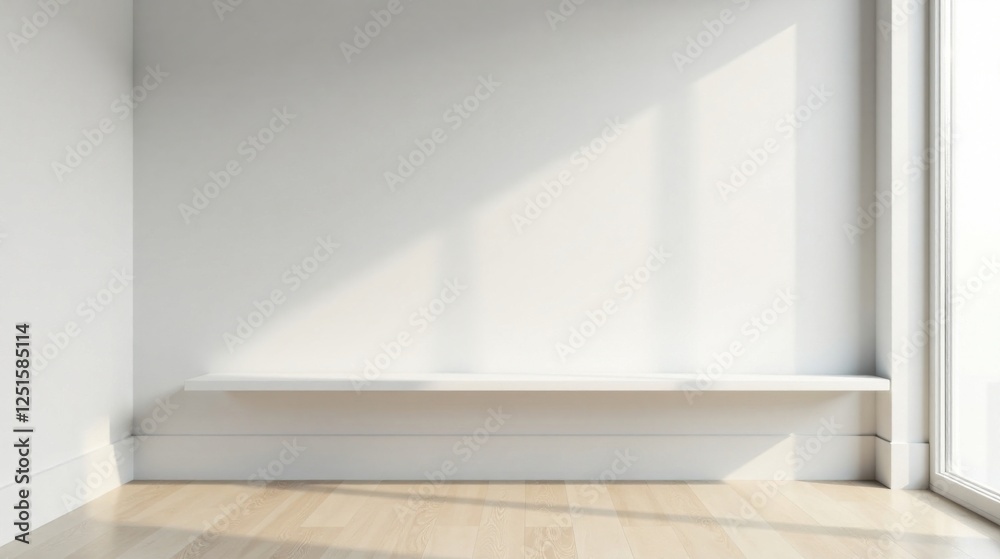 Fototapeta premium Simple White Shelf Against a Wall with Sunlight Streaming Through a Window