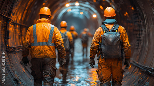 Construction crew working in tunnel, wearing safety gear and helmets