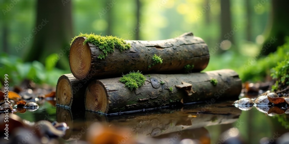 Serene woodland scene of moss-covered logs nestled beside a tranquil pool reflecting the forest's ambiance Serene woodland scene of moss-covered logs nestled beside a tranquil pool reflecting the forest's ambiance
