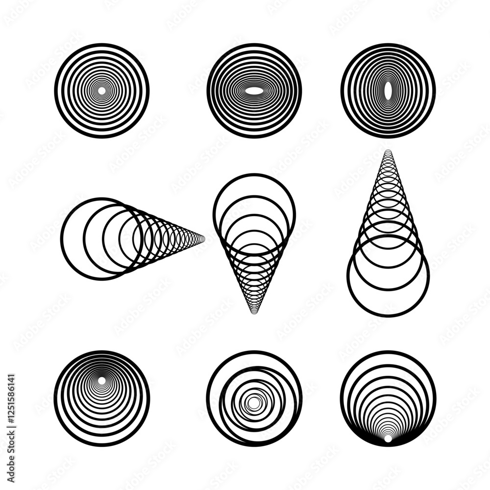 Abstract Geometric Circular and Conical Line Art Design Vector Illustration. This vector features a collection of black geometric designs, showcasing variations of concentric circles and ellipses. Abstract Geometric Circular and Conical Line Art Design Vector Illustration. This vector features a collection of black geometric designs, showcasing variations of concentric circles and ellipses.