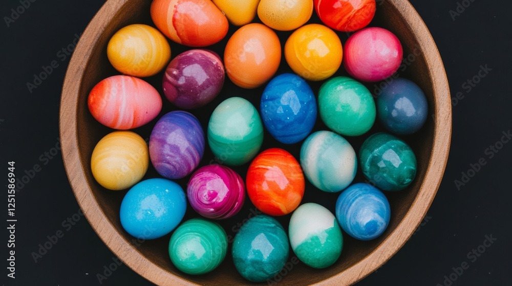 Colorful Easter Eggs Arranged in a Wooden Bowl Ready for Festivities Celebration. Colorful Easter Eggs Arranged in a Wooden Bowl Ready for Festivities Celebration.