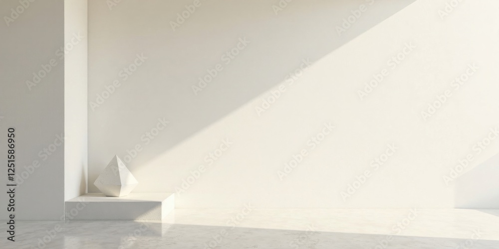 Minimalist White Interior Scene with Geometric Sculpture on a Platform Minimalist White Interior Scene with Geometric Sculpture on a Platform