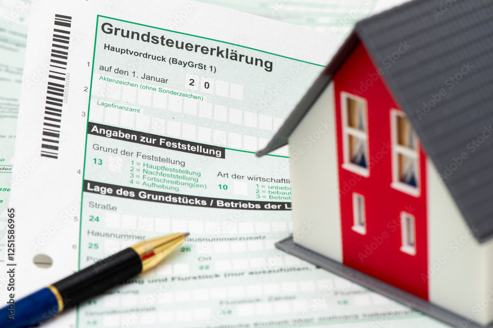 Ein Modellhaus steht auf einem Formular zur Grundsteuererklärung für das Finanzamt