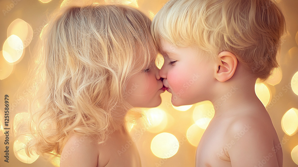 Little girl kissed for the first time adorable little boy. Love and romantic concept Little girl kissed for the first time adorable little boy. Love and romantic concept