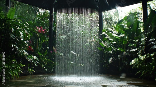 Tropical rain shower pavilion, lush vegetation, calming space