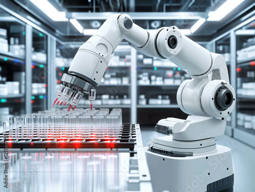 Robotic arm performing precise chemical analysis in a high-tech laboratory