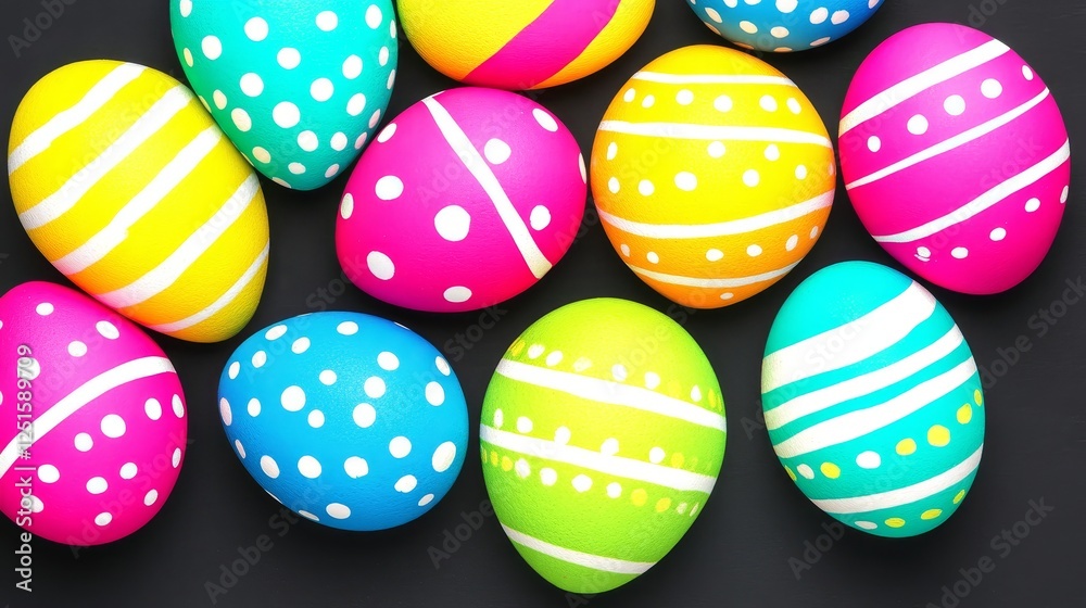 Colorful Easter Eggs Arrangement with Stripes and Dots on a Dark Background Flat Lay. Colorful Easter Eggs Arrangement with Stripes and Dots on a Dark Background Flat Lay.