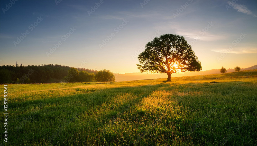 Fototapeta premium serene sunrise illuminating a majestic tree on a verdant meadow