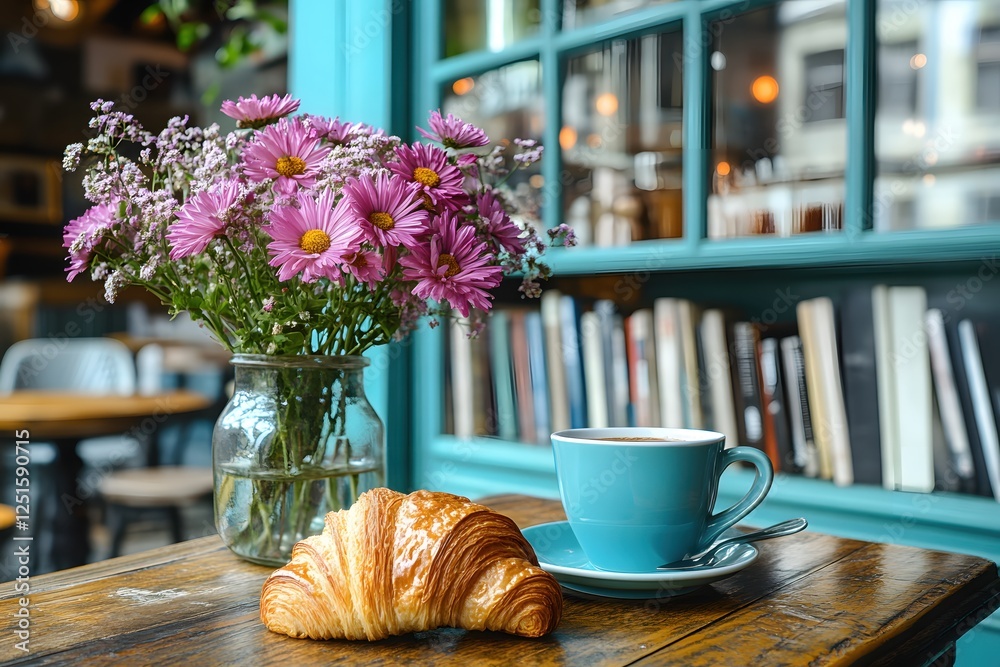 Morning Still Life with Croissant Coffee and Flowers on Wooden Table in Cozy Cafe Setting