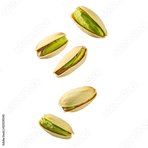 Falling pistachios on a white background 