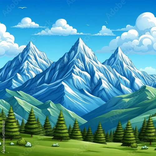Mountain Peaks puffy white clouds