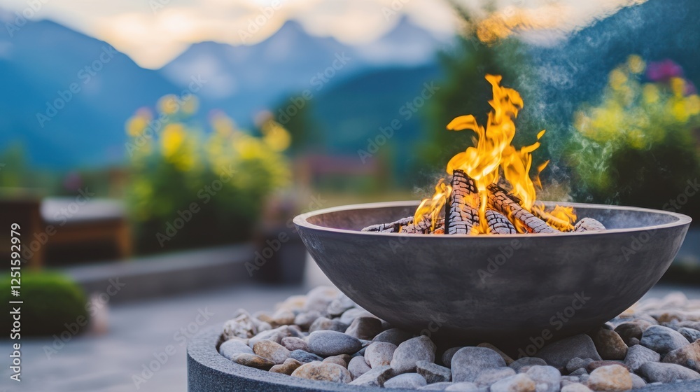 Fire burning on the stone base in a modern garden, close-up of the fire and flames with copy space for text or design, a banner. Fire burning on the stone base in a modern garden, close-up of the fire and flames with copy space for text or design, a banner.