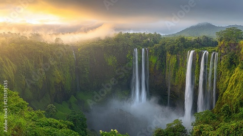 Majestic waterfall cascading through lush jungle at sunrise. Possible use nature photography