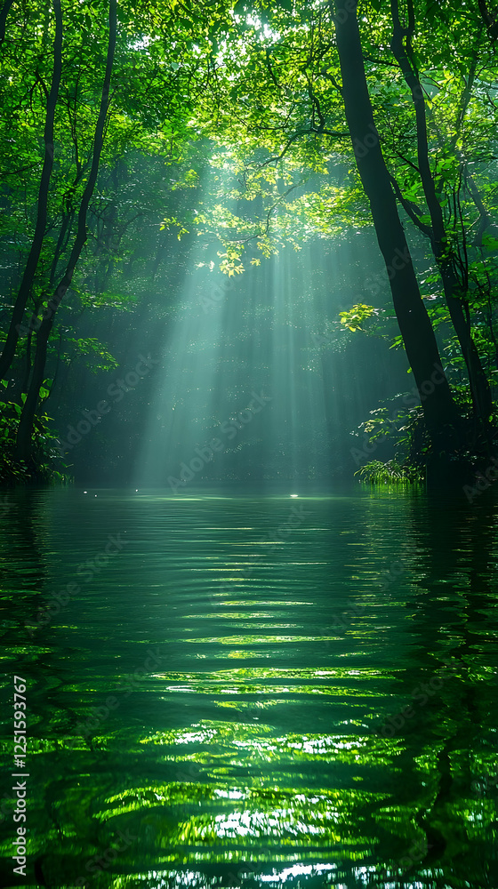 Obraz premium Serene Forest River Sunlight Rays Nature Scene