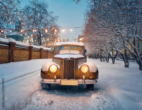 retro car similar to volga on snowy street