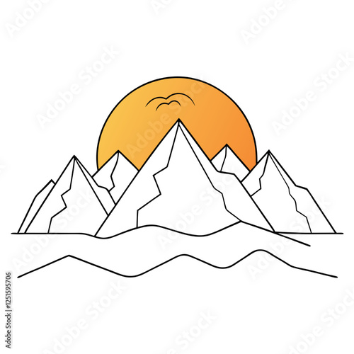 One continuous line drawing of mountain range landscape with color sun vector